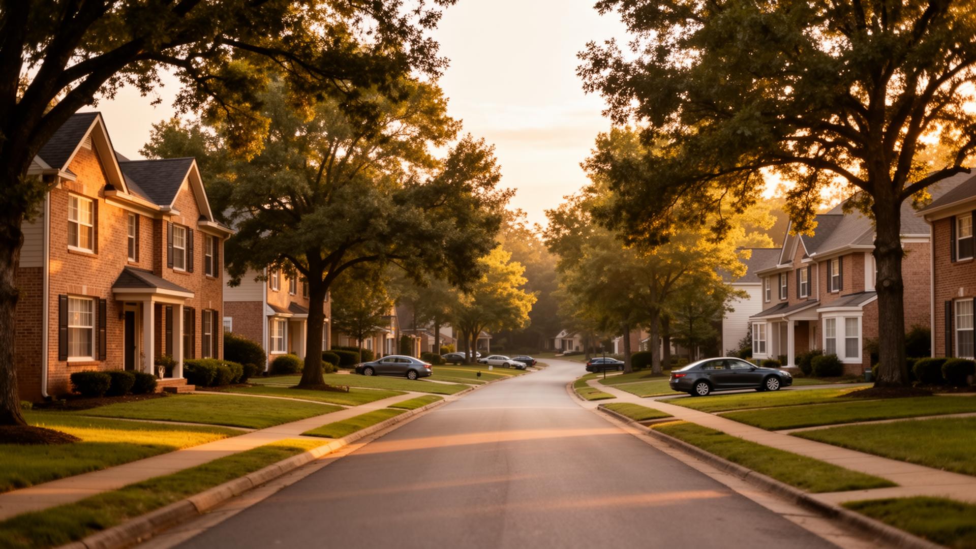 Quiet two-story brick family homes lining a suburban street near Fort Campbell at golden hour