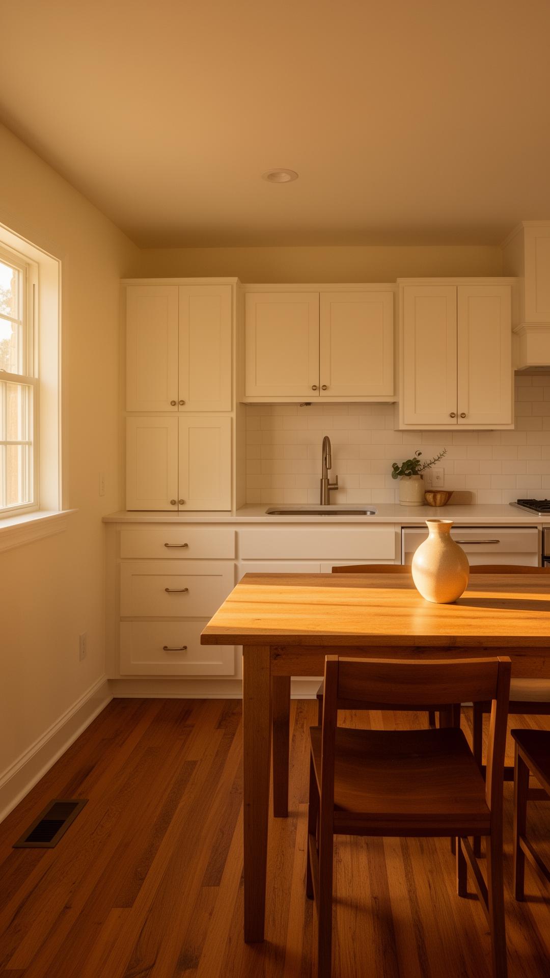 Warm Middle Tennessee residential kitchen with white cabinetry and wood dining table