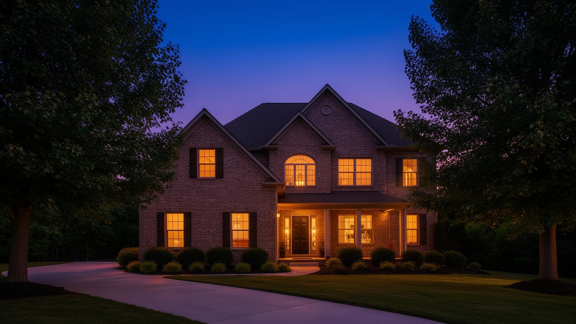 A two-story brick home in Middle Tennessee at twilight with warm interior lights